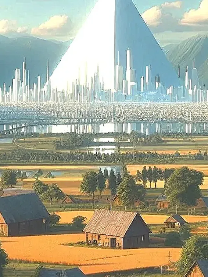 Shimmering futuristic city in background behind a primitive village