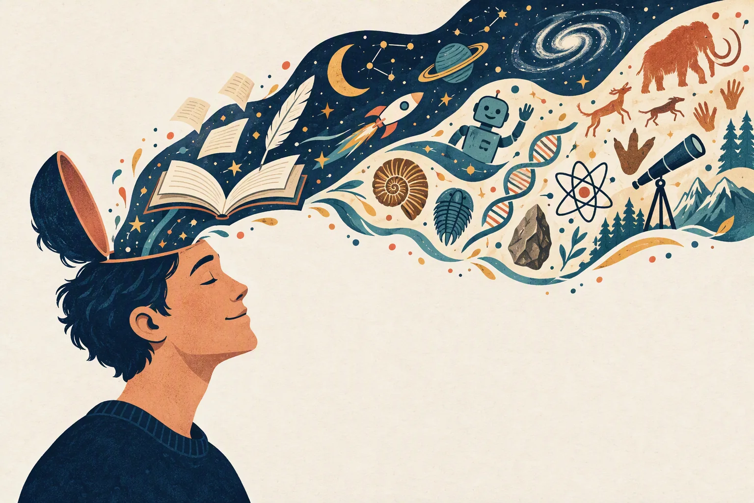 A person with eyes closed as books, stars, fossils, a rocket, cave paintings and a telescope stream from an open mind